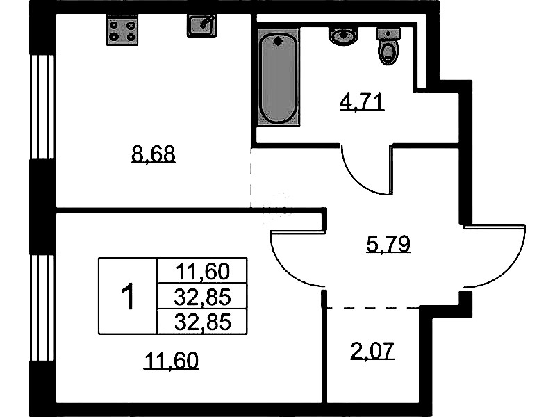 1-комнатная квартира 32.85 м², 2/9 эт., ЖК «Квартал Лаголово»